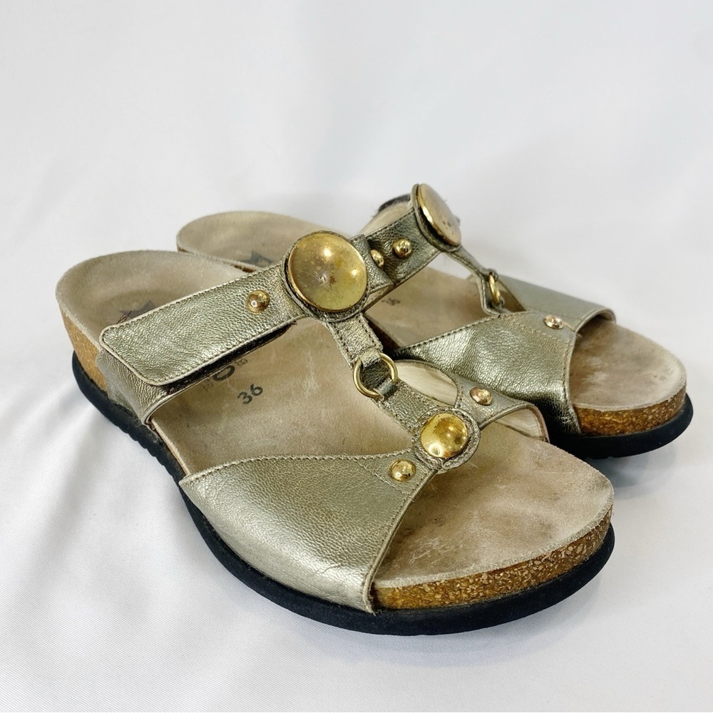 Mephisto Air Relax Met Gold Leather Open Toe Slide Wedge Cork Sandals Size 36